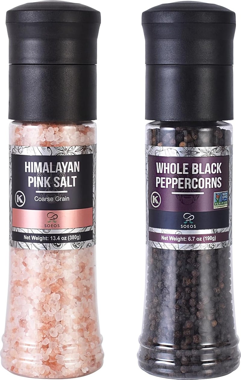 Soeos Himalayan Pink Salt and Whole Black Peppercorns Grinder Set - Image 1